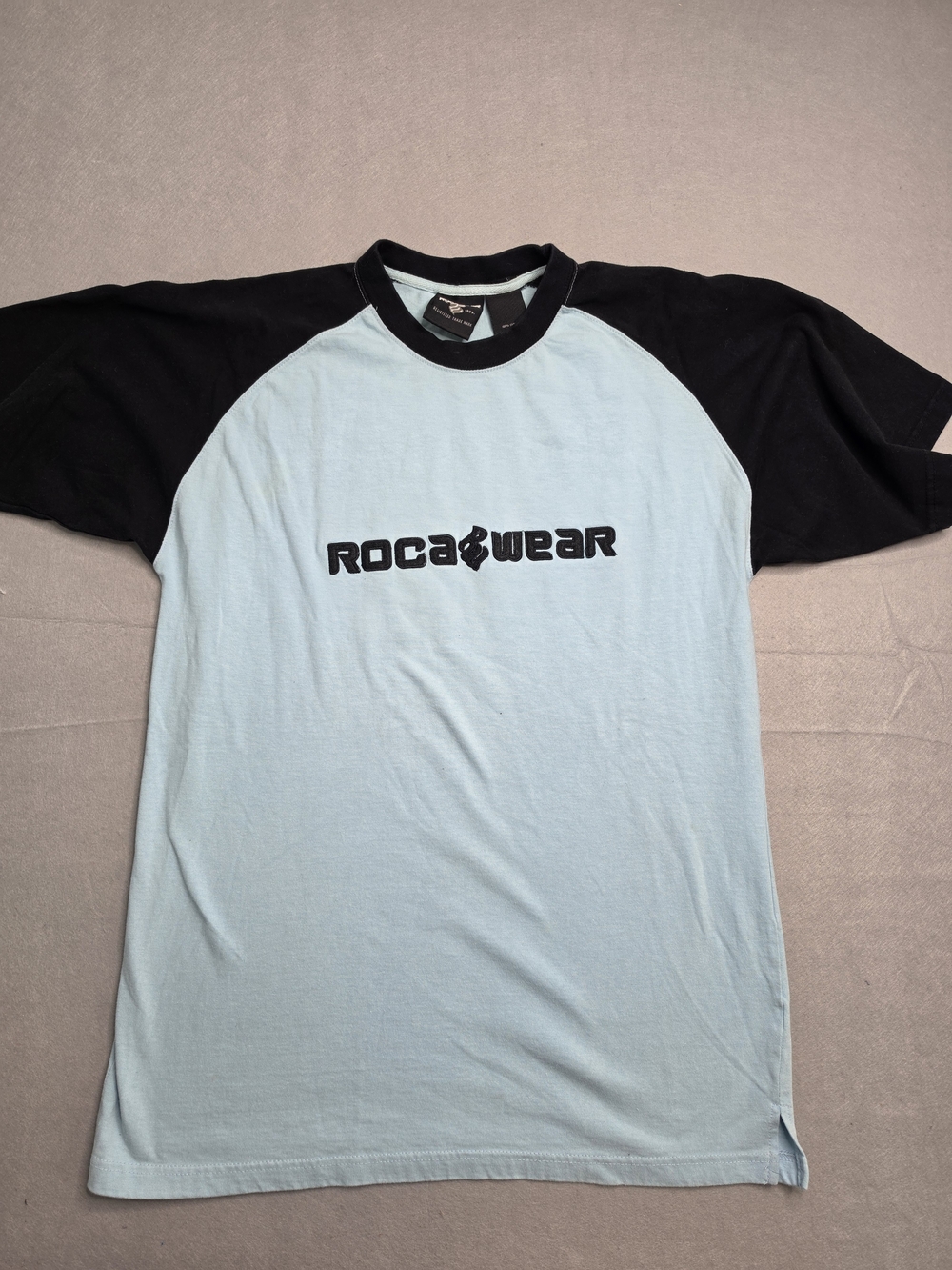 Vintage Rocawear Men's Light Blue & Black Raglan Tee Medium Y2k